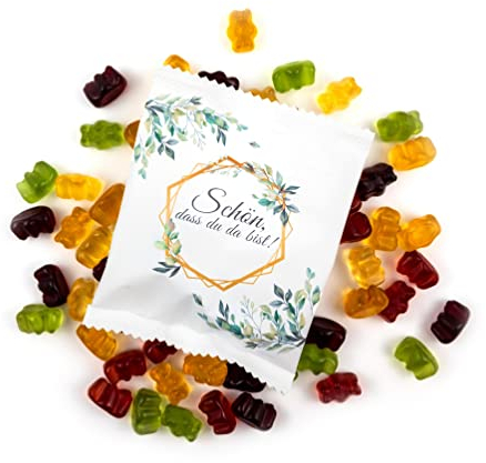 Lucky Treats - Schön dass du da bist Fruchtgummi Päckchen - 10 Stück - Weiß Matt - Eukalyptus Deko - Gummibärchen Gastgeschenke Hochzeit Taufe Geburtstag - Made in Germany
