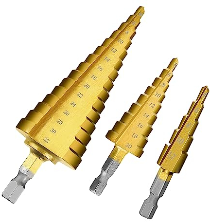 bituocs 3PCS HSS Step Bits Set, High Speed Steel Step Drill Bits Set, Step Drill Bit Set, Cone Drill Bits Hole Cutter for Wood Stainless Steel Sheet Metal Aluminum Copper (4-12mm, 4-20mm and 4-32 mm)