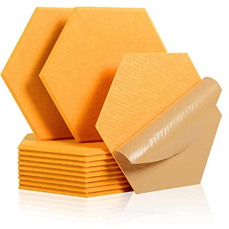 Rdutuok 12 Stück Selbstklebend Akustik Panel,30x26x1cm Hexagon Akustik Absorber Schallschutzplatten Akustikpaneele Wand für Tonstudio, Büro,Studio und Wanddekoration(Orange Gelb)
