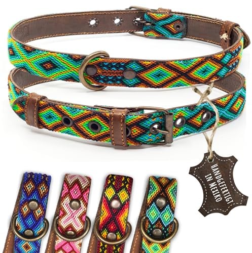 ALTEZAR Hundehalsband Leder - braunes Rindsleder Tribal Grün/Braun/Beiges durchgehend Bestickt - Handgemacht in Mexiko Lederhalsband Hund - Größe L - für große Hunde