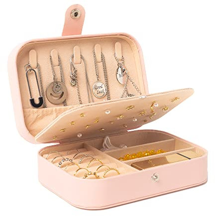 Dishaur Pink Small Travel Jewellery Box With Compartments, PU Leather Portable Case, 2 Layer Jewellery Organizer Storage Holder Box for Girls Women's Rings, Earrings, Necklaces, Bracelets