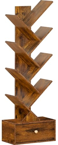 SHEEPAM Libreria ad albero a 8 livelli con cassetto, libreria autoportante in legno per spazi ristretti, organizer per libri, libreria per casa, ufficio, soggiorno, camera da letto, marrone rustico