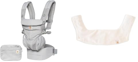 Ergobaby Bundle aus Omni 360 Cool Air Mesh 4-Positionen Babytrage, Pearl Grey + Schultergurtschoner und Latz, Teething Pad für Ergobaby Babytragen, Natural