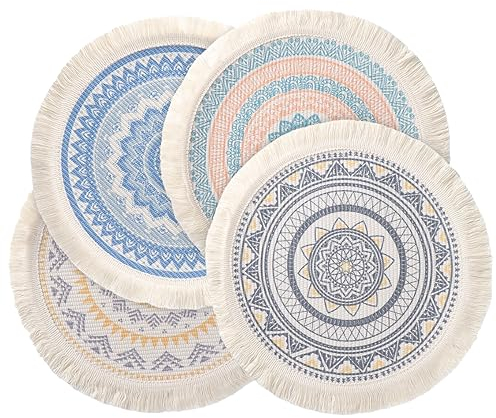 Tischset Abwaschbar, Platzsets 4er Set, Platzset Rund, Gewebte Boho Platzteller, Hitzebeständige Platzdeckchen ür Küche Esszimmer Hochzeit Bauernhaus Tisch Dekoration(Farbig)