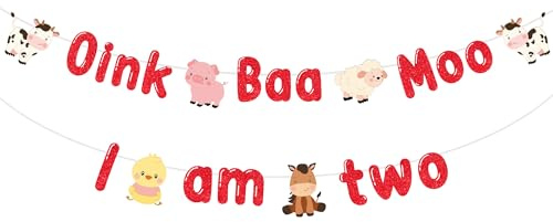 JOYMEMO Red Oink Baa Moo I Am Two Banner – Bauernhoftier 2. Geburtstag Party Dekorationen Junge oder Mädchen, Bauernhoftiere Thema Barnyard Second Birthday Party Supplies