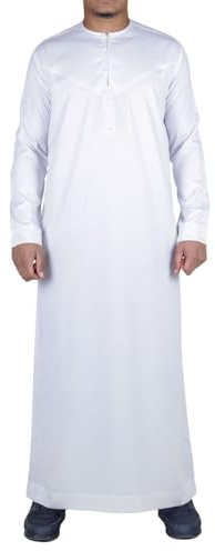Men's Thobe Jubba Islamic Clothing Muslim Kaftan Emirati Omani Satin Robe - White Regular 54