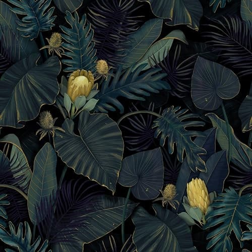 SOEWIOU Thicken Dark Leaf Yellow Flower Wallpaper, 600 * 44.5cm Removable Waterproof Vinyl Self-Adhesive Contact Paper for Living Room, Bedroom, Washroom, Cabinet Wall
