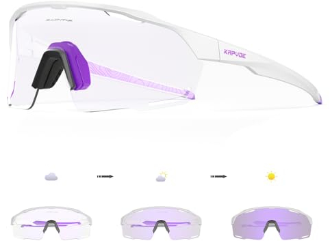 KAPVOE Fahrradbrille Selbsttönend Radbrille Photochromatische Sonnenbrille Sportbrille MTB Brille Herren Damen Klar MTB Rennrad Radsport Sportbrille Violett Weiß 08