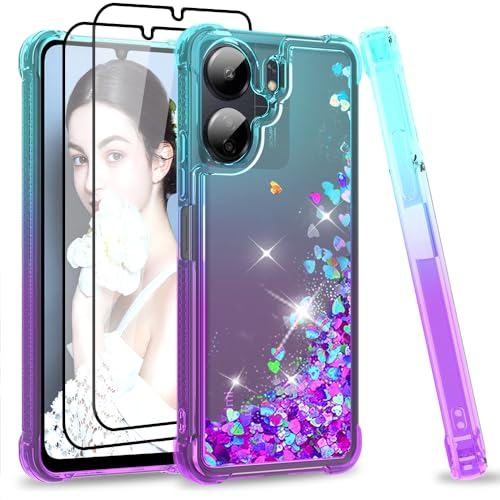 LeYi Funda para Xiaomi Redmi 13C/13C 4G/5G/Poco M6/C65 con 2 Unidades Cristal Templado Protector Pantalla, Silicona Brillante, Transparente TPU Case Cover, Verde/Morado