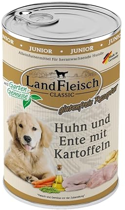 Landfleisch Classic Hundefutter Junior 6 x 400g | Huhn, Ente und Kartoffeln | Mit hochwertigem Fleisch, Rapsöl (Omega-3 & 6), ohne Gluten, Zucker, GVO & Soja | Nassfutter für heranwachsende Hunde