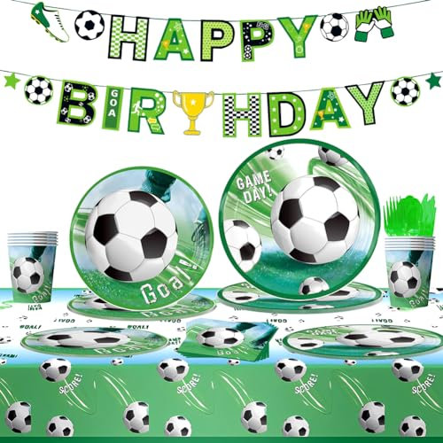 Re-usable Football Party Decoration Kit ,Soccer Party Tableware Set,Including Banner, Plates, Cake Toppers, Cups, Napkins, Tablecloth,for Football Theme Birthday Party Supplies Decorations