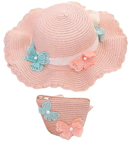 REYOK Chapeau De Paille Enfant avec Petit Sac Set - Soleil d'Été à Volants pour Filles - Le Tourisme Vacances Plage