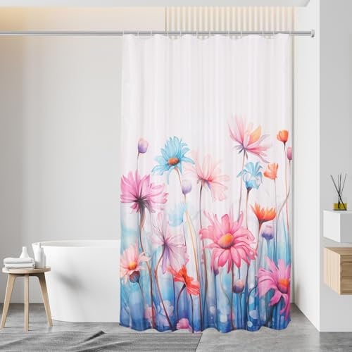 Alishomtll Duschvorhang 180x200cm, Wasserabweisend Antischimmel Beschwerter Saum Textil Polyester Waschbar Stoff Badevorhang für Badewanne Badezimmer, Bunte Blume Duschvorhang mit Duschvorhangringe