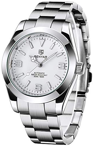 BENYAR Herren elegante 41MM automatische mechanische Uhr wasserdicht Edelstahlband leuchtend lässig Business Analog Armbanduhr, Weiß-5177