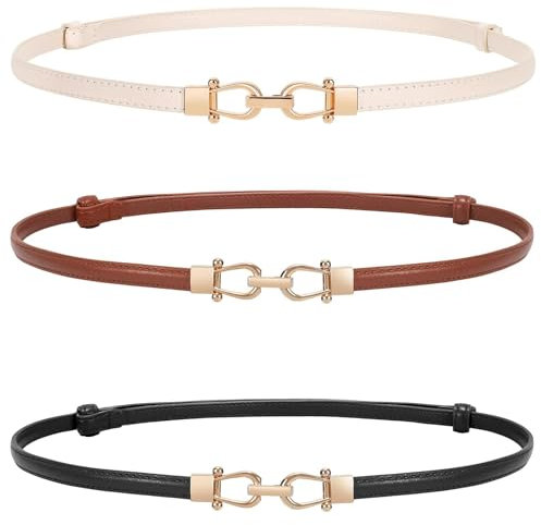 WERFORU 3 Pack Damen Skinny Gürtel für Kleid,Dünner Taillengürtel-Verstellbarer Ledergürtel mit Goldener Schnalle Schwarz+Braun+Beige