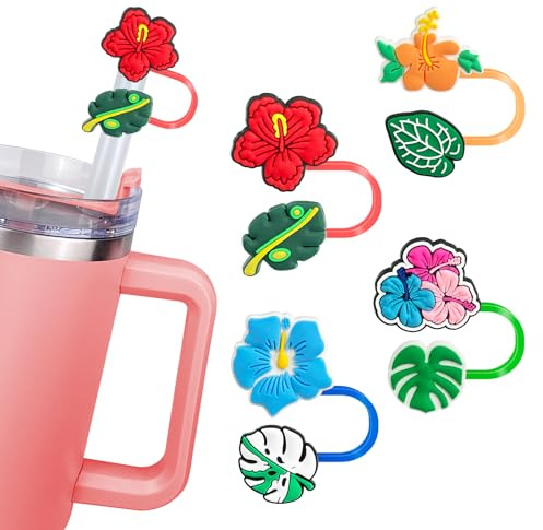4PCS Flowers Stanley Straw Cover 10mm Cute Stanley Straw Topper Stanley Cup Straw Cover 40oz For Stanley Cup Accessories Summer Hawaii Compatible With Stanley Water Bottle Cup