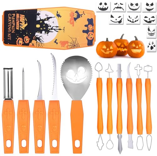 Halloween Kürbis Carving Tools, Edelstahl Double-Side Sculpting Tool dauerhafte Griff, 11 Stück Kürbis Carving Kit mit Tragetasche und 10 Pcs Carving Templates, Box-verpackt, All-in-One- Orange