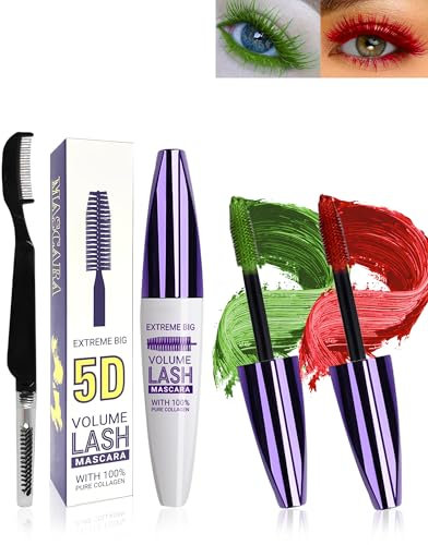 2 Colored 5D Schwarz Seidenfaser Wimpern Wimperntusche Wasserfest mit Wimpernkammbürste, Grüne und rote Waterproof Mascara,Verlängerndes,Voluminöses,Langlebiges,Cosplay Party Use Bunt Augen Makeup-6+7