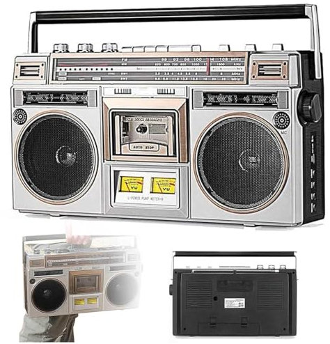 Boombox Lecteur cassette portable avec Bluetooth, radio FM/AM, enregistrement USB – Convertir la bande en audio MP3 via USB – Style vintage des années 80