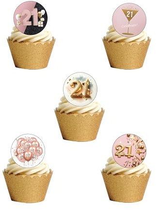24 Pre-Cut Round Edible Wafer Paper Happy 21st Twenty One Birthday Girl Themed Cake Toppers Decorations