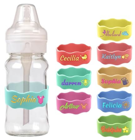 Personalisierte Babyflaschen-Etiketten,Silikon-Wasserflaschen-Namensbänder für das Kinderzimmer,Wiederverwendbarer Baby-Wasserbecher-Griffriemen,Geeignet für Kindertagesstätten