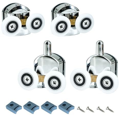Selyse 4 Stück 23mm Duschtürrollen Ersatzteile – 2 obere & 2 untere Rollen für Duschtüren, Duschkabinen, und Glastüren (4-6mm) – Verstellbare Laufrollen für gebogene und gerade Türen