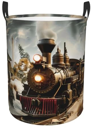 Bedruckter runder Wäschekorb mit Zug- und Eisenbahn-Motiv, faltbar, Oxford-Stoff, Spielzeug-Organizer, für Bad/Wäsche-Aufbewahrung/Schlafzimmeraufbewahrung/College-Schlafsaal/Kofferraum, Größe M