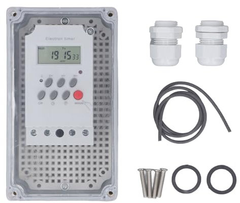 Pool Pump Timer Switch 28 ON OFF 7 Day Cycle Repetitive Setting Daylight Saving Time 200mAh Battery Backup Resistant PC Shell 2 Water Outlet 25A Resistive Load (DC 12V)