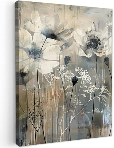MuchoWow© Wandbilder Wohnzimmer Wanddeko Schlafzimmer Zimmerdeko | 50x70 cm - Wandgemälde Zimmer Deko auf Wand Dekoration Wall Art Blumen - Pflanzen - Grau - Abstrakt