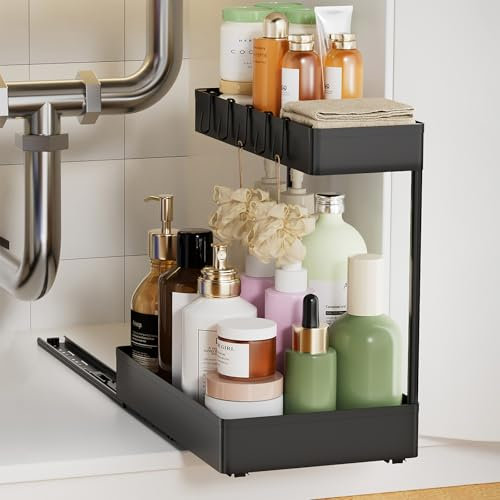 Creahaus 2 Pack Under Sink Organizer with Metal Slides, 2-Tier Kitchen Bathroom Organizers and Storage, Pull Out Cabinet Organizer for Bathroom Sink, Kitchen Sink Organizer