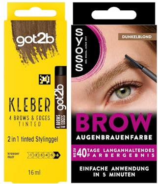 GOT2B Kleber 4 Brows & Edges Tinted Dunkelblond bis Braun (16 ml) zum Stylen & Babyhaare Fixieren & SYOSS Brow Augenbrauenfarbe Dunkelblond (17 ml) langanhaltendes Farbergebnis, einfache Anwendung