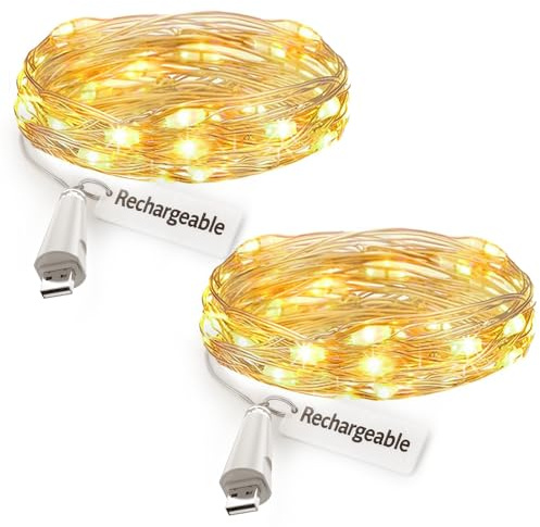 leegoal Luces de Hada Recargables USB, 2m 20 LED Luces a Batería, Alambre Cobre Impermeable Dormitorio Boda Navidad Festa DIY Decor(Blanco cálido, Paquete de 3)
