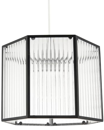 Vintage Industrial Metal Lantern Pendant Lighting Shade in Matte Black with Clear Ribbed Glass Panels | 26cm x 21cm by Happy Homewares