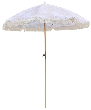 GFYHTN Sonnenschirm Balkon mit Fransen Ø 180 cm, Strandschirm zusammenklappbar, Sonnenschutz Holzmast für Garten Strand Pool(White)