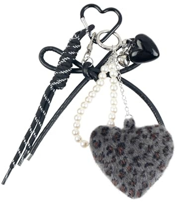Fycyko Schlüsselanhänger Leopardenmuster Plüschherz Taschenanhänger für Bag Charms Auto Schlüsselanhänger Plüsch Cute Bow Keychain für Frauen und Mädchen