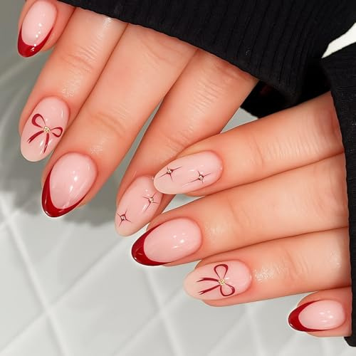 French Tip Press On Nails, 24-Piece Reusable Oval Set, Pale Pink And Red | Glossy Finish, Bow And Gold-Coloured Star-Like Details, False Fingernail Tips For At-Home Manicures, Parties And Weddings