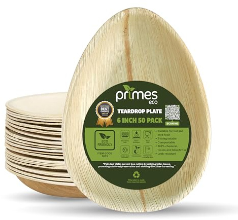 PRIMES ECO Palm Leaf Plates – 50 Pack 15 cm (6) Teardrop/Oval Disposable Dinnerware, Rustic Wood Look, Microwave & Freezer Safe, Areca Leaf Party Plates for Appetisers, Canapés, Desserts
