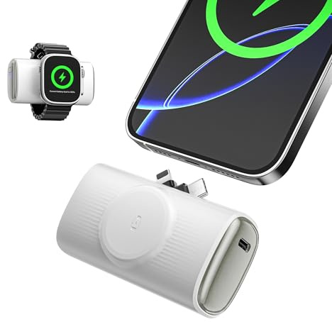 Mini 3-in-1 Power Bank 5000mAh, Wireless Charger for Apple Watch, Foldable Lightning & USB-C Ports, 20W PD Fast Charger, For iPhone 17/16/15/14/13/12serie and Samsung Galaxy Watch/S25/S24 (White)