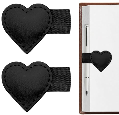 2 Stück magnetische Lesezeichen aus Leder mit Stifthalter | Starker Magnetverschluss in niedlicher Herzform für Bücherliebhaber, multifunktionales Geschenk für Leser, Frauen und Studenten (Schwarz)