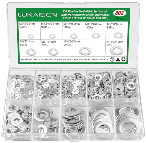 Lukaisen 802 Stk M2-M12 Unterlegscheiben Set, Edelstahl 304 Sortiment Kit | Sicherheitsscheiben-Sortiment-Set, mit einem Sortimentskasten, insgesamt 9 verschiedene Größen M2 M2,5 M3 M4 M5 M6 M8 M10 M12