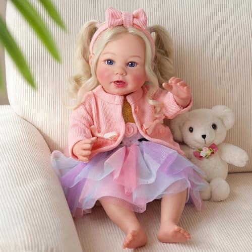 BABESIDE Reborn Baby - 17 Zoll Handgemachte Lebensechte Puppe mit Langen Grauen Haaren - Realistische Babypuppen Mädchen mit Spielzeugzubehör für Kinder Ab 3 Jahren