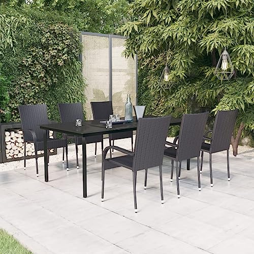 mzdioop Juego de comedor de jardín de 7 piezas, color negro, resistente a la intemperie, polirratán trenzado, marco de acero pulverizado, mesa de cristal de 200 x 100 cm, 6 sillas apilables, ideal