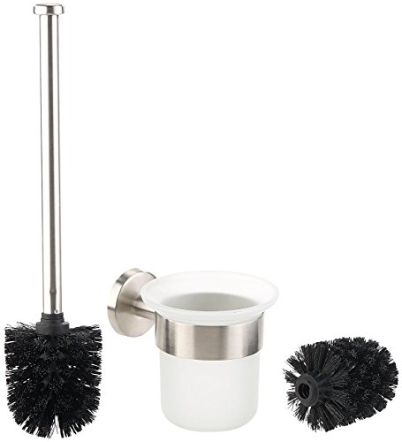 BadeStern Klobürsten: Edelstahl/Glas-WC-Garnitur, Wandmontage, 2 Bürsten-Aufsätze, schwarz (WC Bürstenhalter Wandmontage, Bürstenhalter Glas, Reiniger)