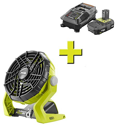 Ryobi Ventilador portátil híbrido ONE+ de 18 voltios con batería de iones de litio de 2.0 Ah y cargador de química dual