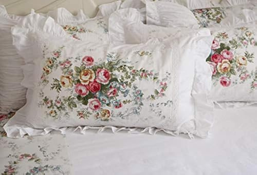 Vintage Rose Roses Pink Floral Print Pillowcases Lace Ruffles Bedding Pillow Covers Cotton Fabric Material Standared Size 19 x 29 (Victorian Rose)