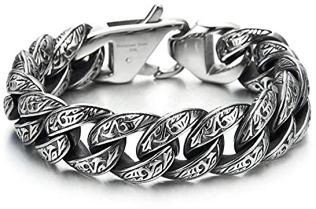 COOLSTEELANDBEYOND Herren Vintage Panzerkette Armband aus Edelstahl Farbe Silber mit Tribal Tätowierung Muster, Retro-Stil
