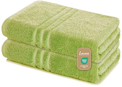 Lavea 2er Set Saunatuch 80x200 cm – Hochwertige, Saugstarke Saunatücher aus 100% Baumwolle, Frottierserie Elena – Waschbar und Strapazierfähig - Lindgrün