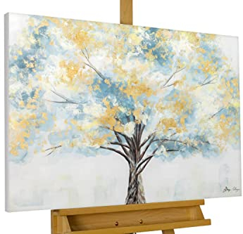 KunstLoft Leinwandbild | 100% HANDGEMALT | 100x75cm | Gemälde 'Blooming Giant' | Wald & Bäume | Gold Türkis | Wandbild Wohnzimmer