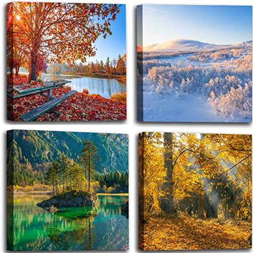 OKEXCKK Vierjahreszeiten-Landschafts-Leinwand-Kunst-Dekor, Frühling, Sommer, Herbst, Winter, buntes Baumgemälde, moderne Naturwalddrucke, Kunstwerk, Bild für Badezimmer, Büro, Dekoration