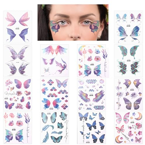 Schmetterling Tattoo, 14 Blatt Glitzer Gesichtstattoo Schmetterling Temporäre Tattoos, Wasserdichte Schmetterling Aufkleber Tattoos für Frauen Mädchen Geburtstagsfeier Karneval Party Gesichts Make-up
